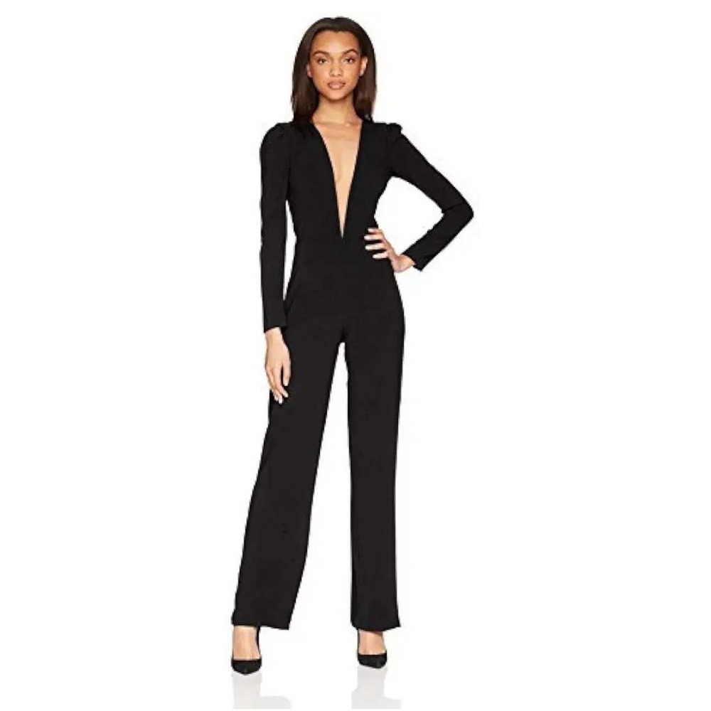 Dress The Population Drew Plunging Black Mesh V-Neck Long Sleeve Jumpsuit Medium